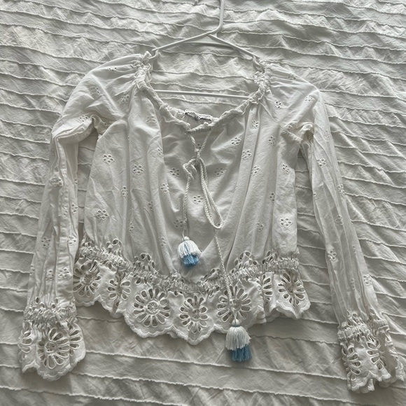 Rebecca Minkoff White Eyelet Blouse with Tassels - Picture 1 of 4